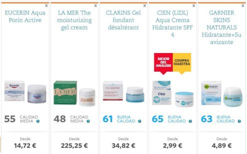 Imagen del comparador de cremas de la Organización de Consumidores y Usuarios (OCU)