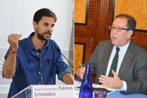 Álvaro Jaén, secretario general de Podemos en Extremadura y Cecilio Venegas, presidente del COF de Badajoz