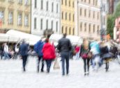 Urban move, people walking in city, motion blur, zoom effect