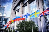 Flags in front of European Parliament building. Brussels, Belgiu