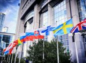 Flags in front of European Parliament building. Brussels, Belgiu