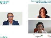 Un momento del coloquio online con Eva Martínez y Elena Cortés-Vicente y moderado por José María López.