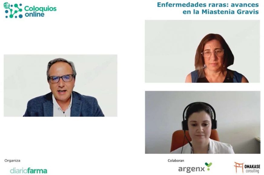 Un momento del coloquio online con Eva Martínez y Elena Cortés-Vicente y moderado por José María López.