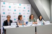 Dorlos Soy, Olga Delgado, Edurne Fernández de Gamarra y María Queralt Gorgas, durante la presentación del congreso de la SEFH.