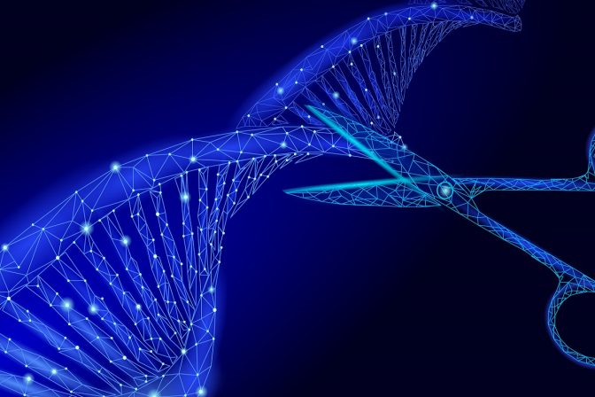 DNA 3D structure editing medicine concept. Low poly polygonal triangle gene therapy cure genetic disease. GMO engineering CRISPR Cas9 innovation modern technology science banner vector illustration