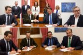 Imagen de la firma de los acuerdos para el nuevo gobierno de Andalucía. Arriba PP y Ciudadanos; abajo PP y Vox.
