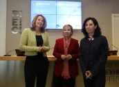 Cristina Nadal, presidenta de AseBio; Ainara Basurko, diputada de Promoción Económica de la Diputación Foral de Bizkaia; y Jaione Ganzarain, viceconsejera de Tecnología, Innovación y Transformación Digital del Gobierno Vasco.