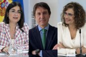 Carolina Darias, ministra de Sanidad; Juan López-Belmonte, presidente de Farmaindustria y María Jesús Montero, ministra de Hacienda.