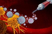 Vaccine for cancer as oncology treatment concept using immunotherapy with with cells from the human body as a 3D illustration.