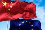 The flags of China and the European Union waving