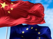 The flags of China and the European Union waving