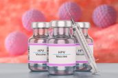 Bottle of human papilloma virus HPV vaccine with syringe. 3D illustration