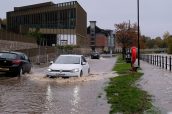 Cars pass through flood water as the River Wear burst its banks and floods at River Wear, Durham, United Kingdom, 29th October 2023

(Photo by Martin Hurton/News Images)