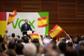 El presidente de Vox, Santiago Abascal, durante un mitin