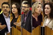 Portavoces de PSOE, PP, Podemos, Ciudadanos e Izquierda Unida durante el debate general de Sanidad del Parlamento de Andalucía