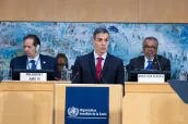 Pedro Sánchez durante su intervención en la Asamblea de la OMS. Imagen/OMS