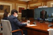 Un momento de la videoconferencia mantenida por Salvador Illa con los ministros de la UE